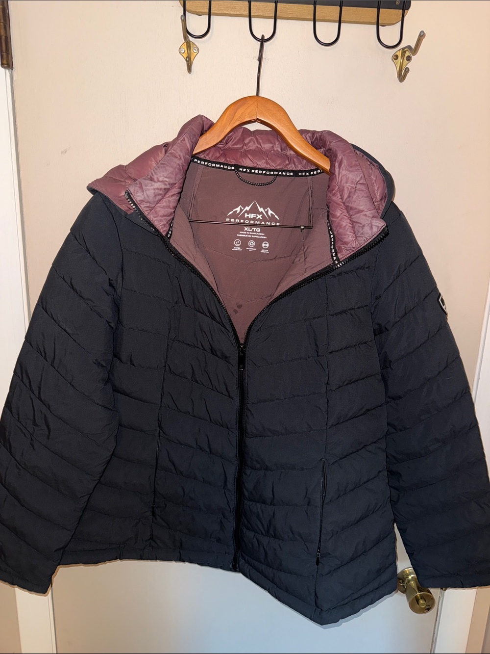 HFX Performance Women's Black Puffer Jacket with Mauve Hood Lining